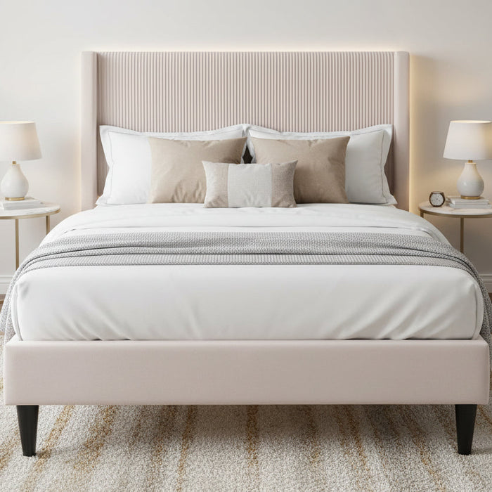Velora Upholstered King Single Bed Frame with Vertical Headboard – Blush Pink