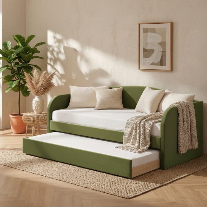 Eden Olive Velvet Upholstered Day Bed with Pull-Out Trundle