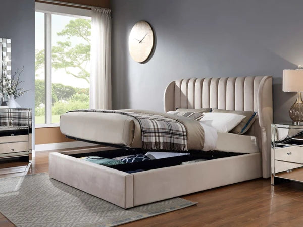 Belair Queen Upholstered Gas Lift Storage Velvet Bed Frame Beige with Wings