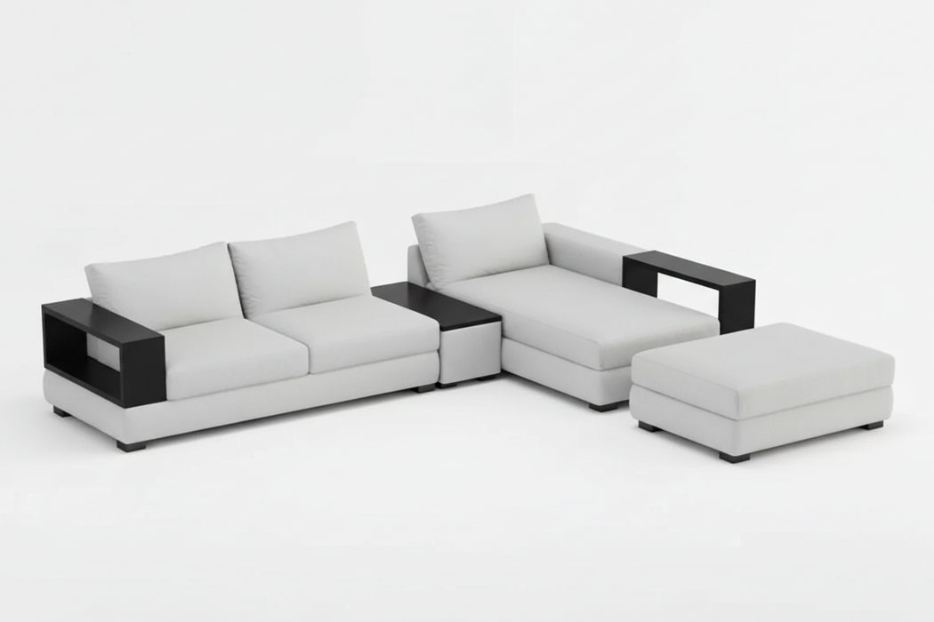 Alabama Timber Top Arms and Console 3 Seater Chaise with Ottoman Lounge