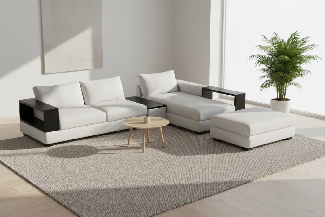 Alabama Timber Top Arms and Console 3 Seater Chaise with Ottoman Lounge