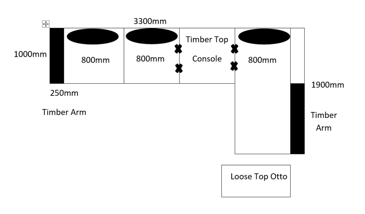 Alabama Timber Top Arms and Console 3 Seater Chaise with Ottoman Lounge