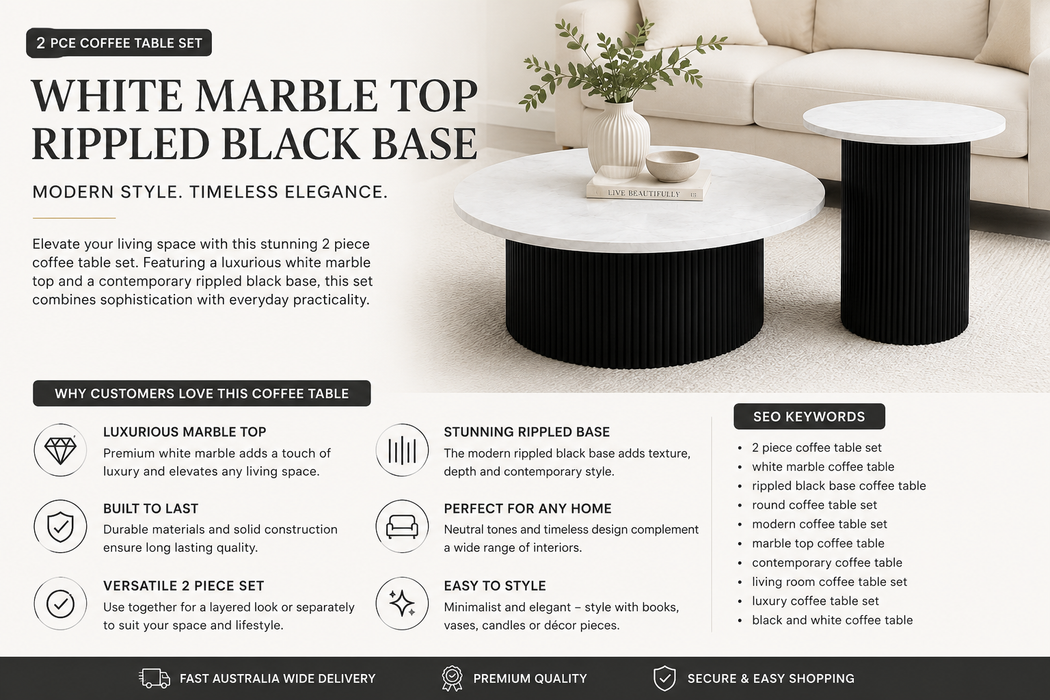 Moderno 2 Piece Coffee Table Set with White Marble Top & Rippled Black Base | Contemporary Round Nesting Coffee Tables