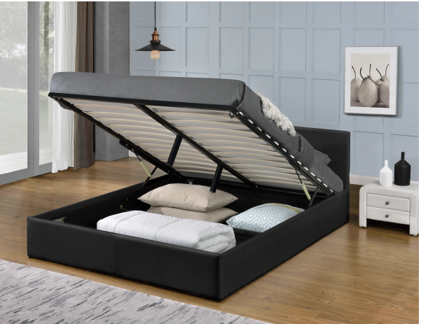 Black Monaco Faux Leather Gas Lift Storage Bed