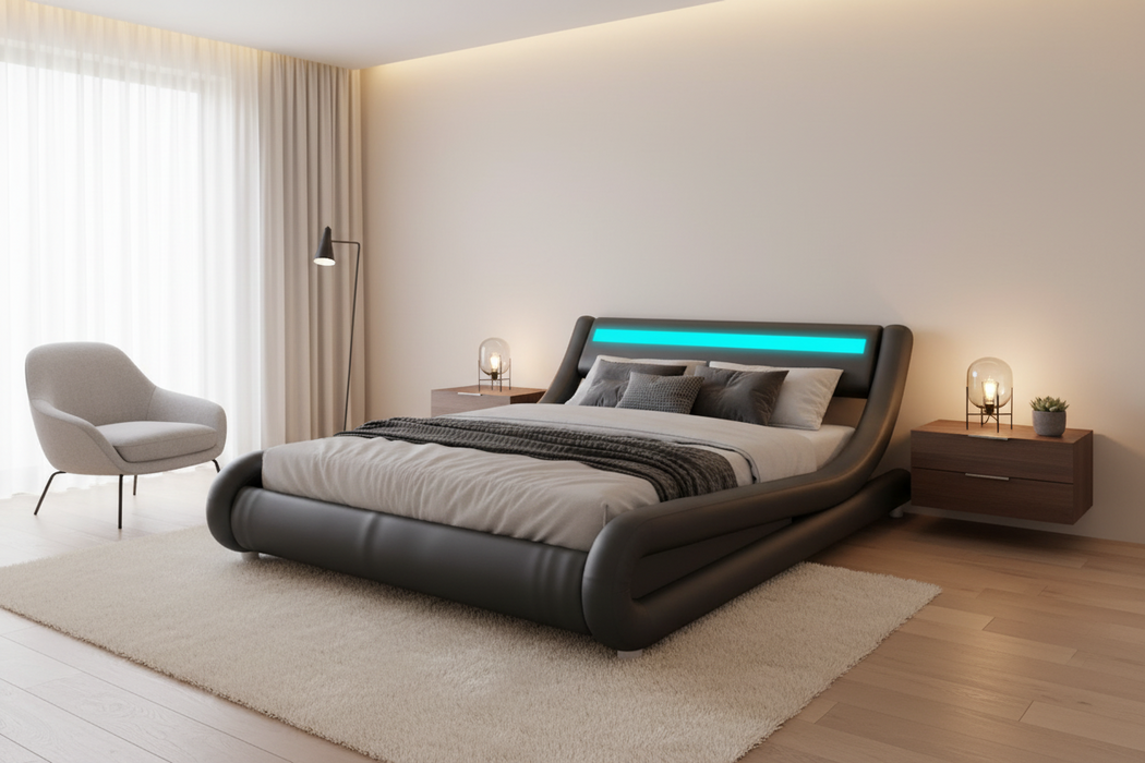 Edison Queen Bed Faux Leather with LED Light, Grey