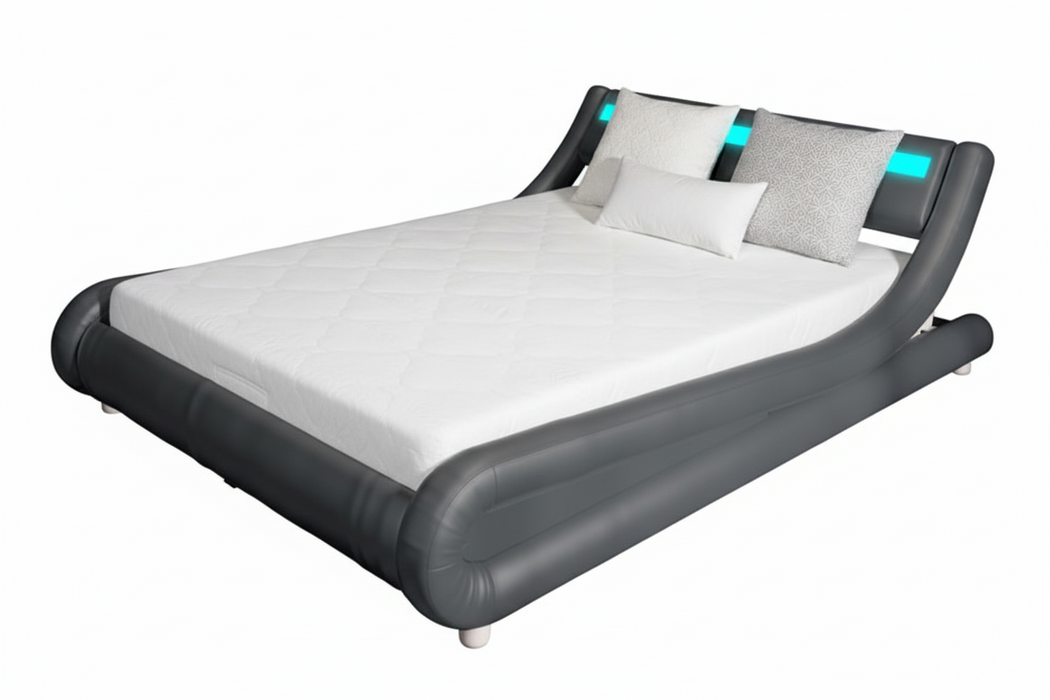 Edison Queen Bed Faux Leather with LED Light, Grey