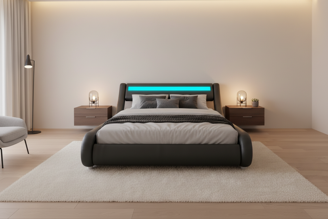 Edison Queen Bed Faux Leather with LED Light, Grey