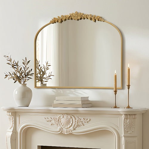 Vintage Gold Arched Wall Mirror with Floral Crest, 100 x 80cm