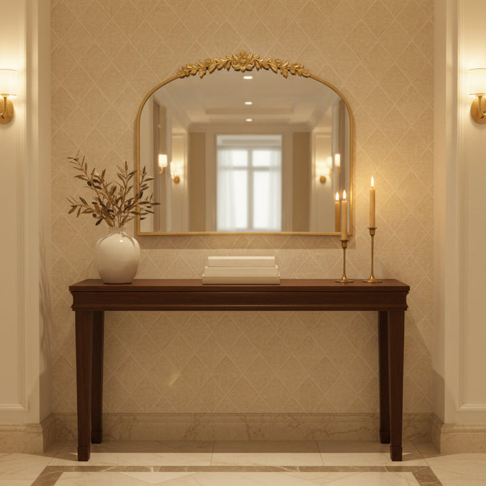 Vintage Gold Arched Wall Mirror with Floral Crest, 100 x 80cm