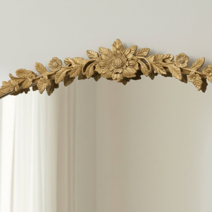 Vintage Gold Arched Wall Mirror with Floral Crest, 100 x 80cm