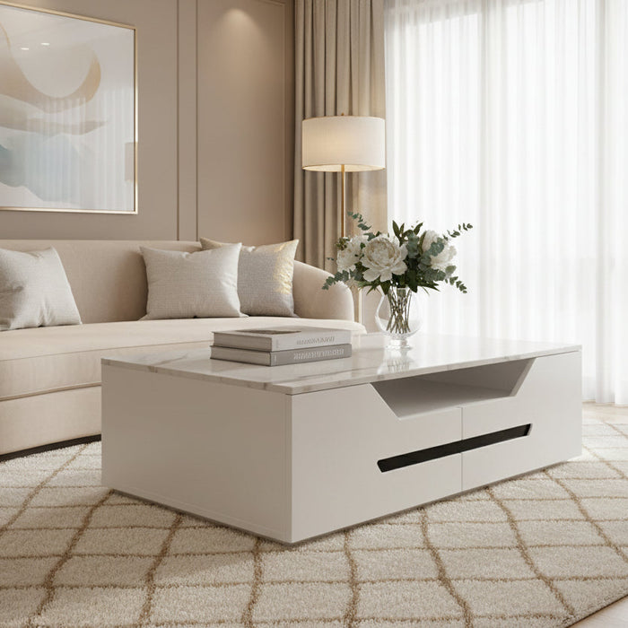 Wallis Modern Marble Top Coffee Table with 4 Drawers White | FULLY ASSEMBLED