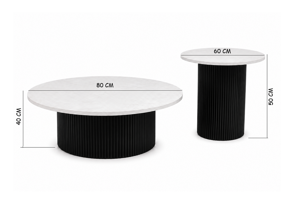 Moderno 2 Piece Coffee Table Set with White Marble Top & Rippled Black Base | Contemporary Round Nesting Coffee Tables