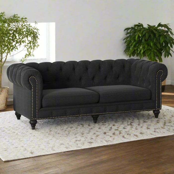 Louis 3 Seater Black Chesterfield Sofa 223cm