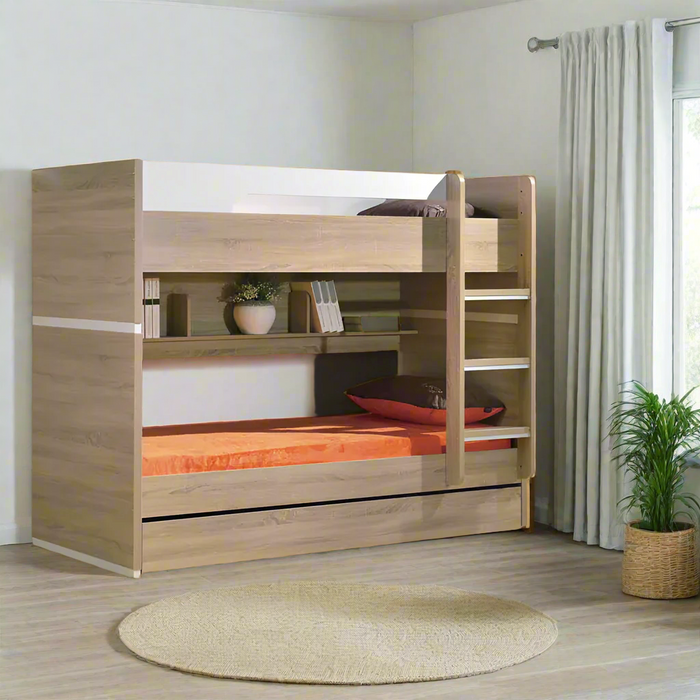 Oak Mabell Single over Single Convertible Bunk Bed with Shelves & Trundle