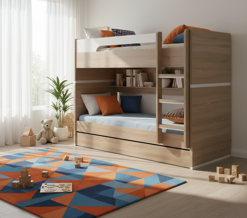 Oak Mabell Single over Single Convertible Bunk Bed with Shelves & Trundle