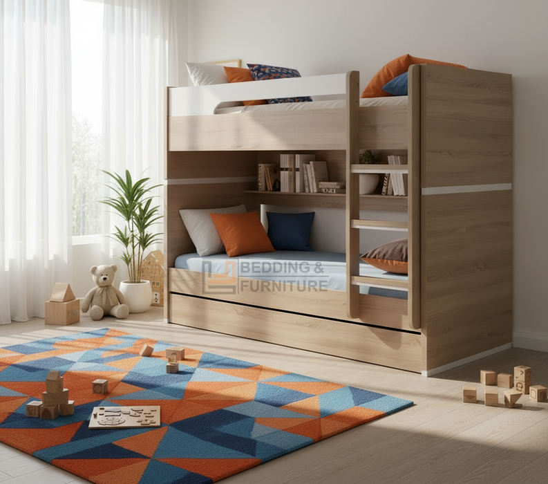 Modern Oak Bunk Bed with Trundle – Kids Bunk Bed Frame Australia