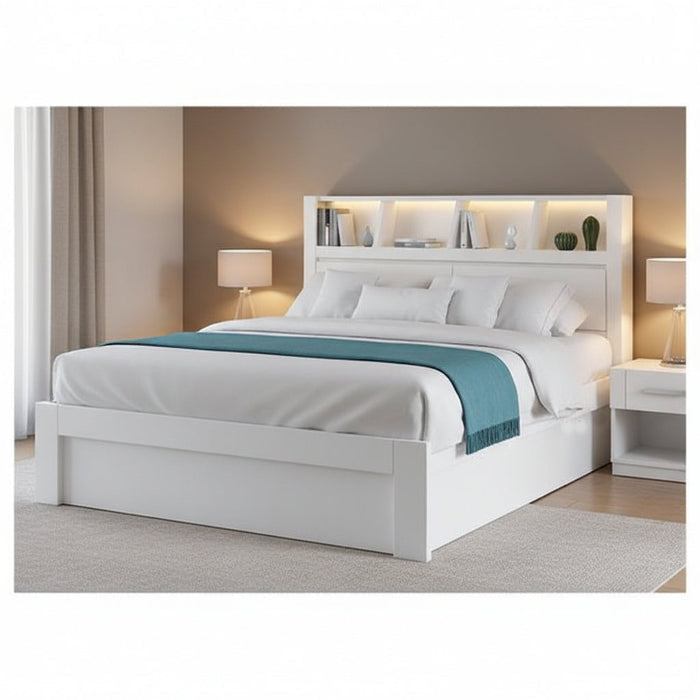Limasa Masa Queen Storage Bed Frame with LED Headboard, USB Charging Port & Large Under-Bed Storage | Modern White Bed