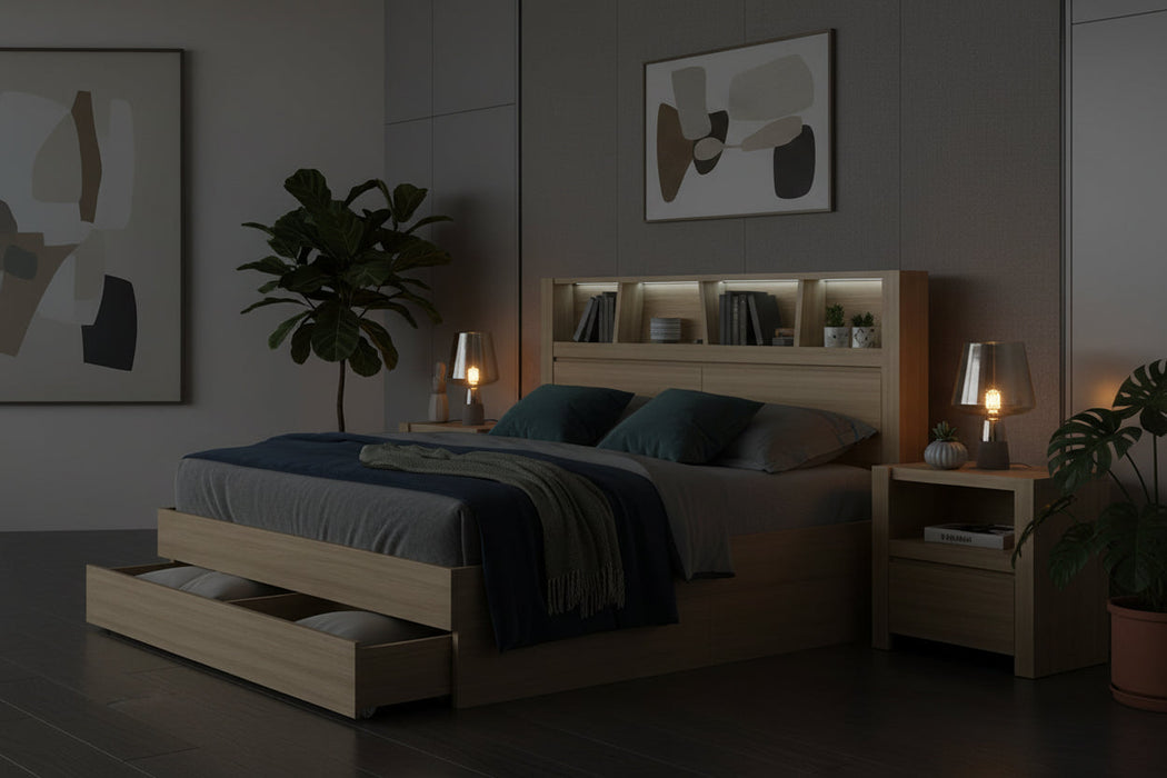 Alpine Oak Queen Bed with Storage – Beds Australia