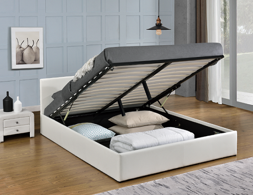 White Monaco  Faux Leather Gas Lift Storage Bed