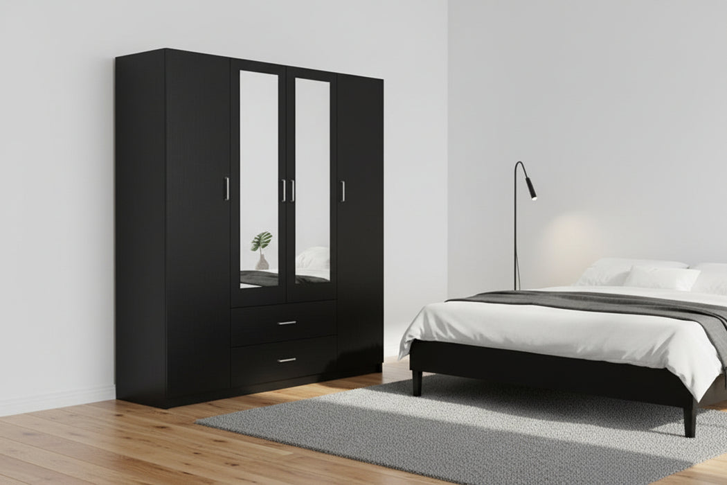 Remo Wide Wardrobe with Mirror,  Black 160cm