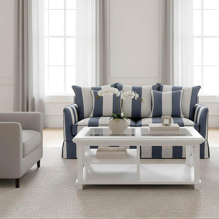 Sorento White Timber Coffee Table with Glass Top | Coastal Living Room Centre Table | ASSEMBLED