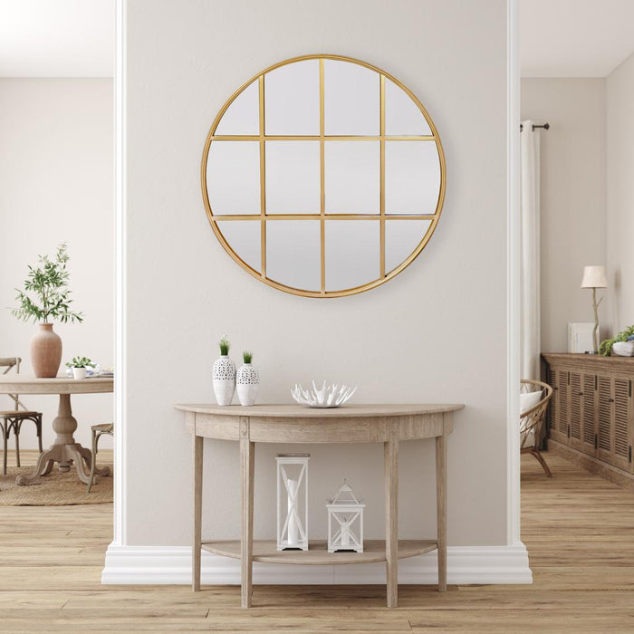 Amelia Gold Rimmed Round Paned Mirror, 120cm
