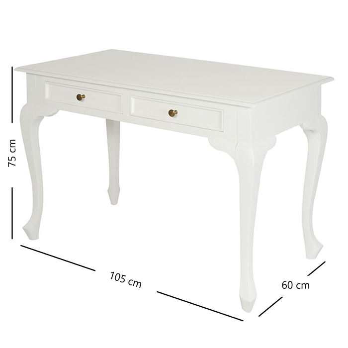 Queen Anne 2 Drawer Timber Desk White