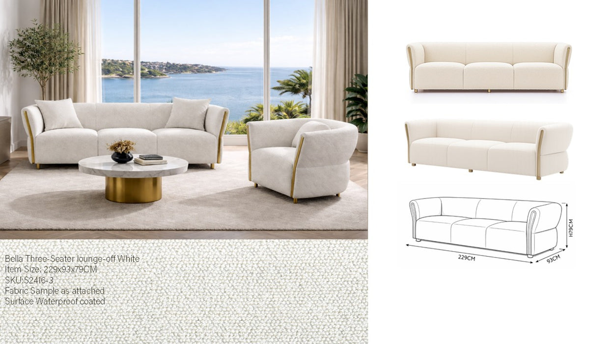Bella White 3-Seater Kuka Polyester Fabric Sofa