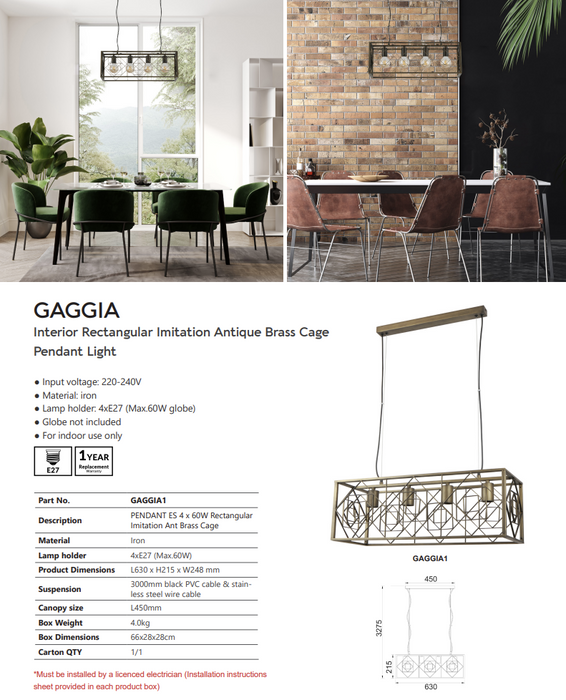 GAGGIA: Interior Rectangular Imitation Antique Brass Cage Pendant Light