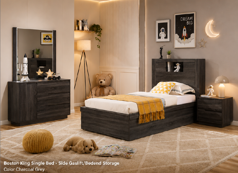 2 Piece Boston King Single Gas Lift Bed Charcoal