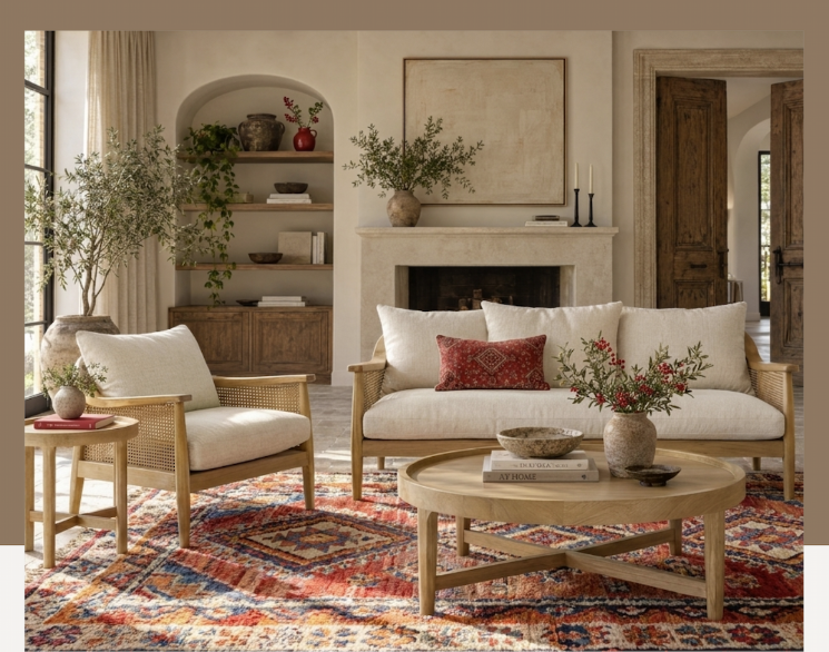 Luberon Armchair Oak & Rattan W/Linen Blend Cushions