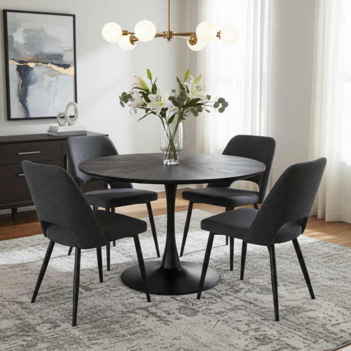 Orla 5 Piece Round Black Dining Set | Charcoal Fabric