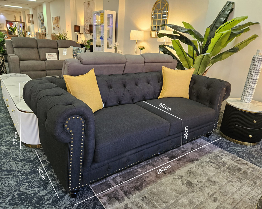 Chesterfield 2 Seater Black Fabric Sofa-180cm