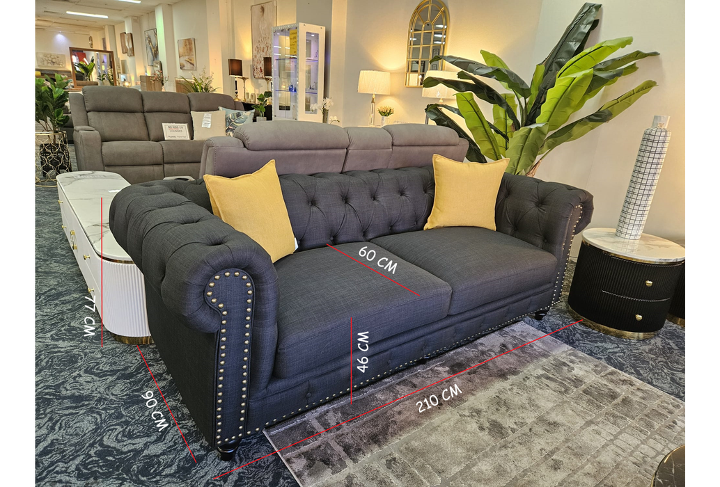 Chesterfield 3 Seater Black Fabric Sofa- 210cm