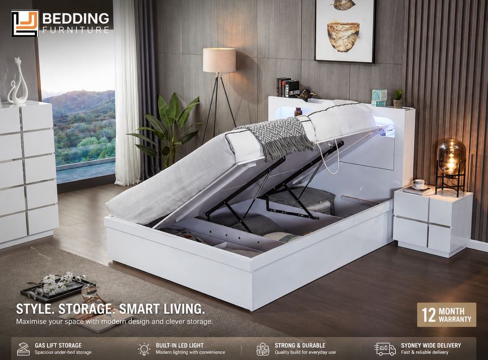 Noosa Storage Gas Lift Queen Bed White