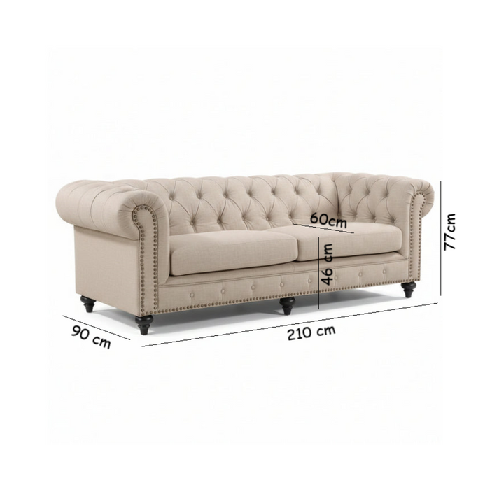 Chesterfield 3 Seater Beige Fabric Sofa-210cm