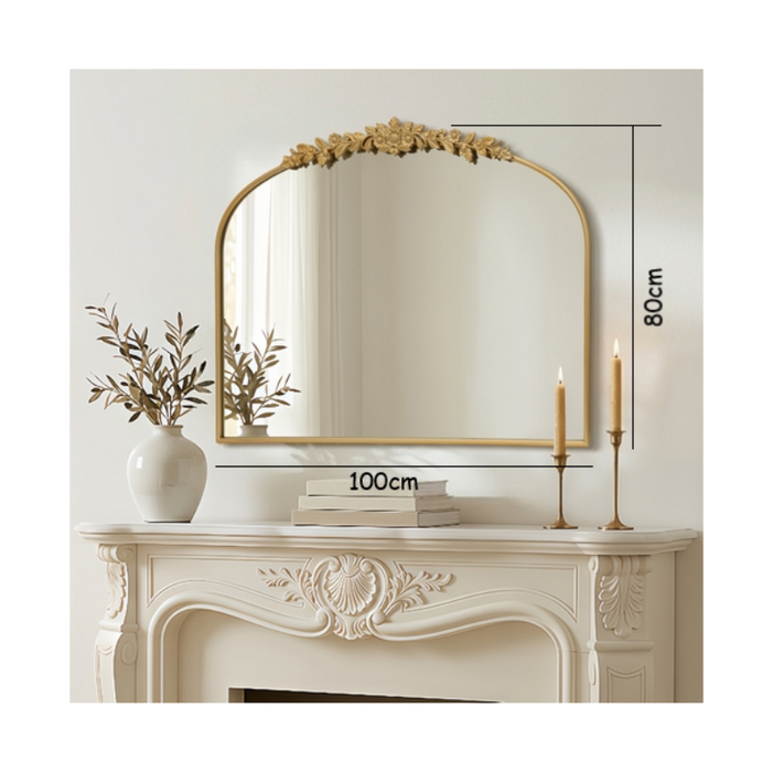 Vintage Gold Arched Wall Mirror with Floral Crest, 100 x 80cm