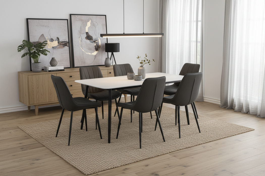 Elora 7 Piece Dining Set with PU Leather Chairs Black, 180cm