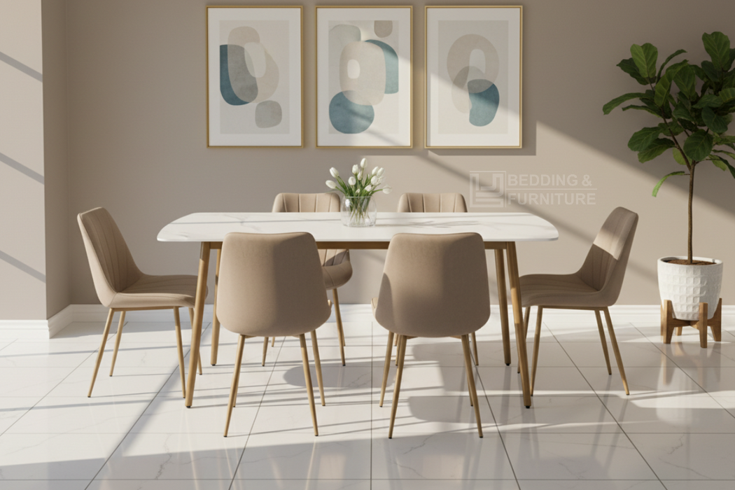 Elora 7-Piece Dining Table Set - Beige Fabric
