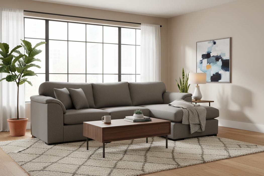 Bondi 4 Seater Rounded Arm Right Chaise in Fabric, 285cm