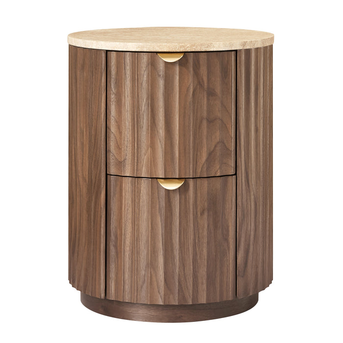 Raphael Round Travertine Bedside Table Walnut