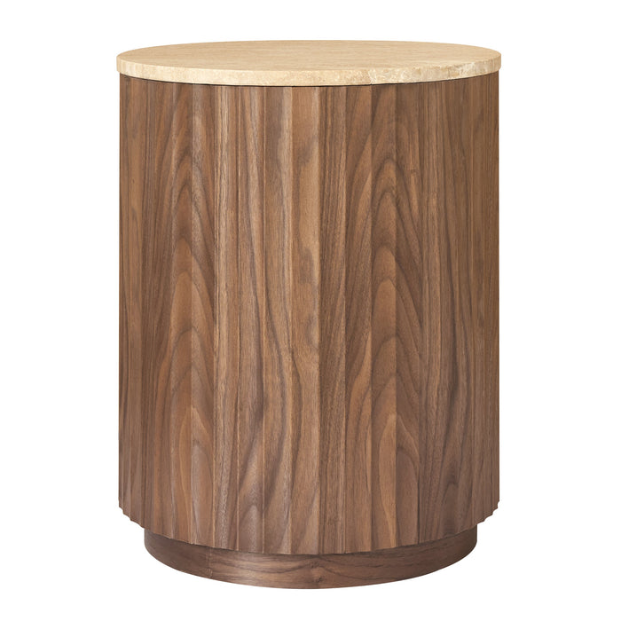 Raphael Round Travertine Bedside Table Walnut