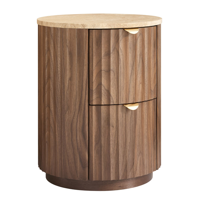 Raphael Round Travertine Bedside Table Walnut