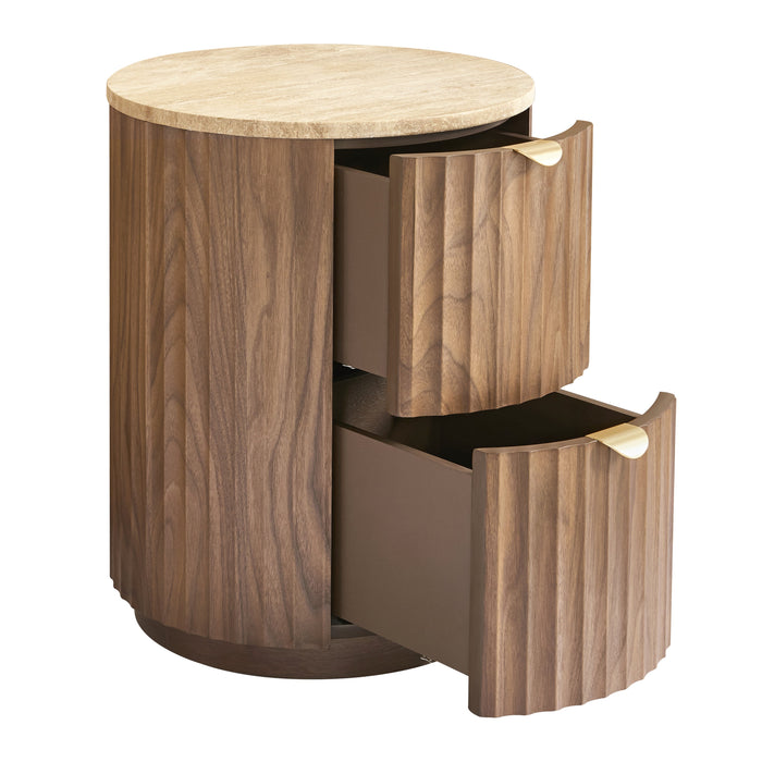 Raphael Round Travertine Bedside Table Walnut