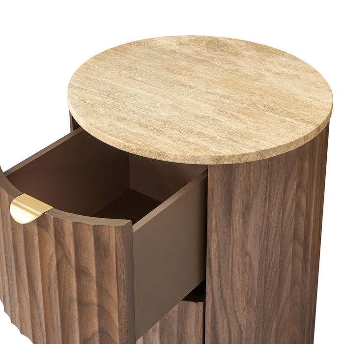 Raphael Round Travertine Bedside Table Walnut