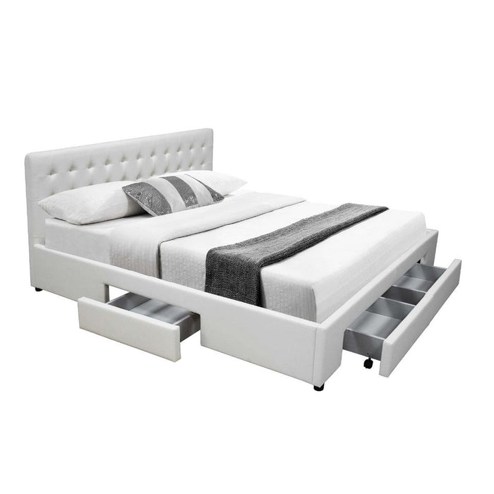 White Jara PU Leather Bed Frame with 4 Drawers