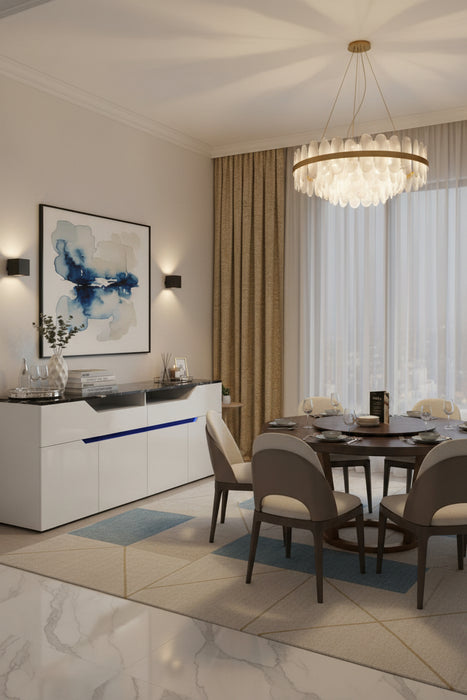 Wallace White 4 Door Buffet with Black Marble Top, 200cm