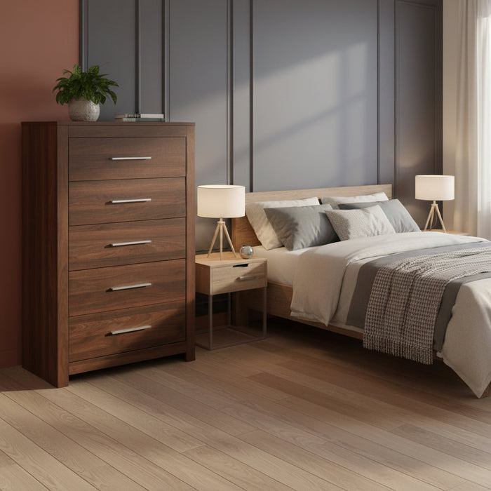 Jason 5 Drawer Walnut Tallboy - FULLY ASSEMBLED