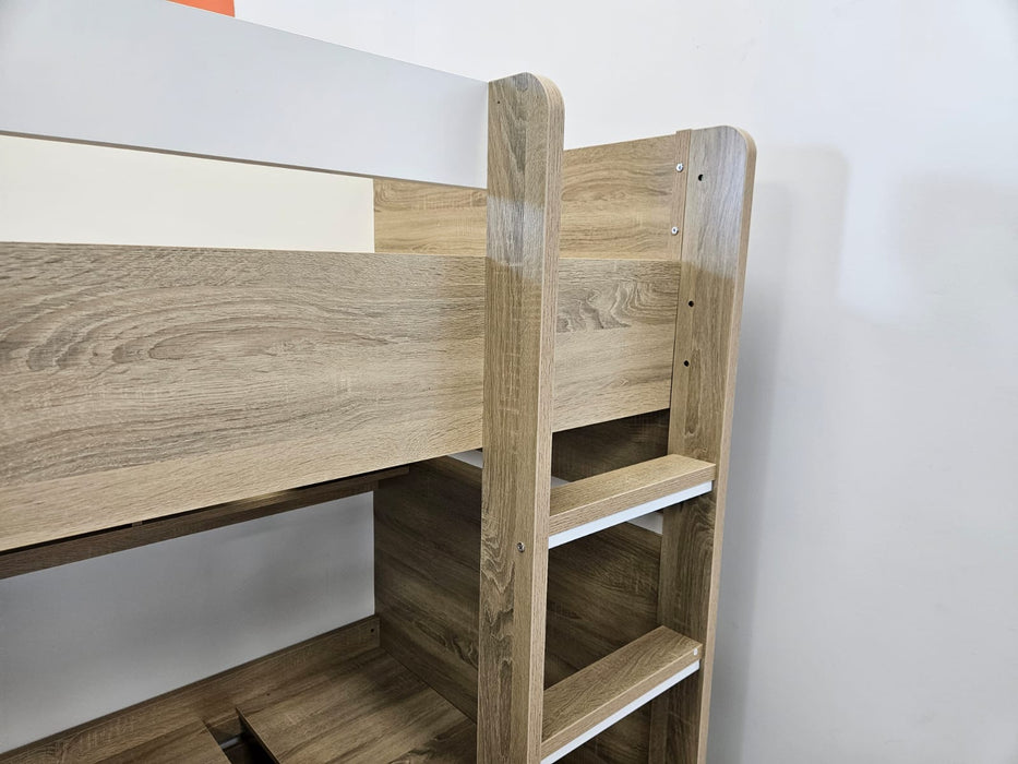 Oak Mabell Single over Single Convertible Bunk Bed with Shelves & Trundle