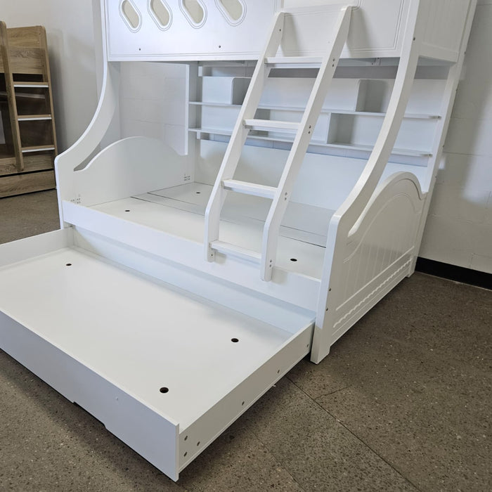 White Single Over Double Bunk Bed with Trundle & Shelves